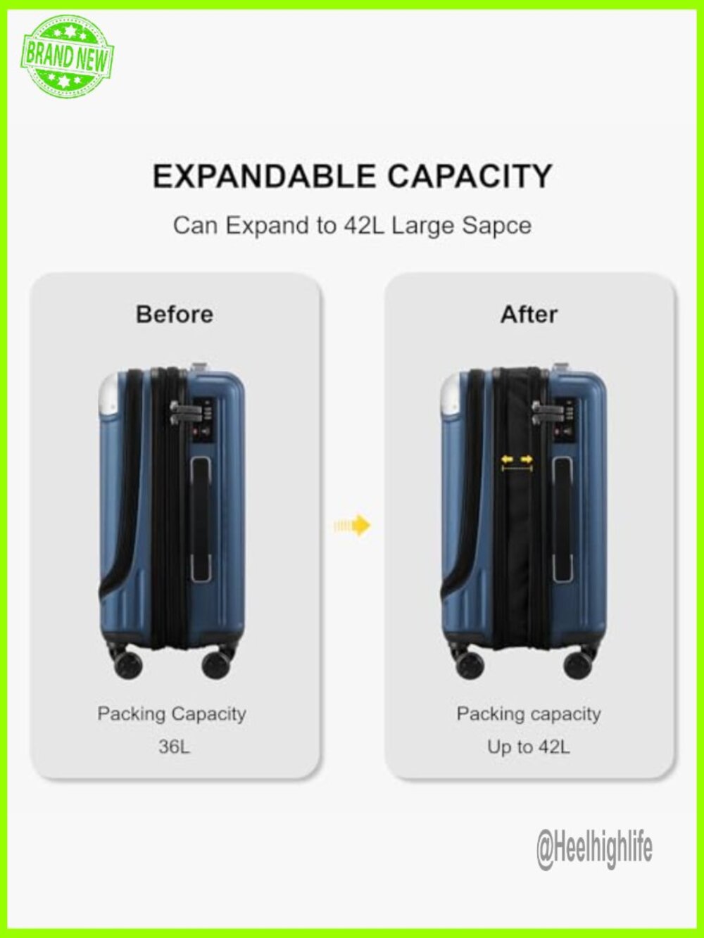 20 Inch Expandable Hard Shell Carry-On Luggage with Spinner Wheels - Picture 5 of 6